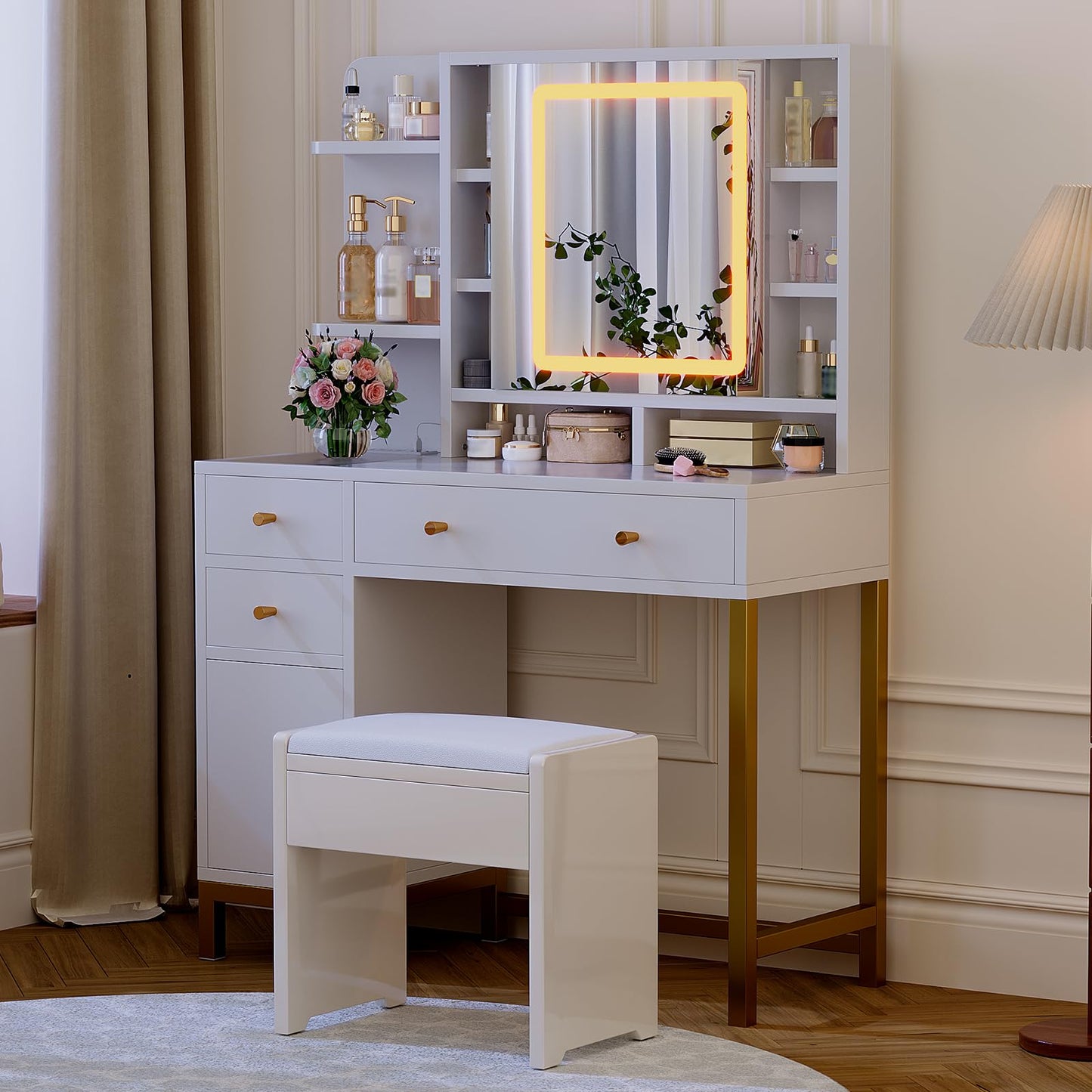 PeacefulHues White Vanity Desk with Mirror and Lights, Makeup Desk Dressing Table with LED Lighted Mirror & Power Outlet,3 Lighting Color for Bedroom