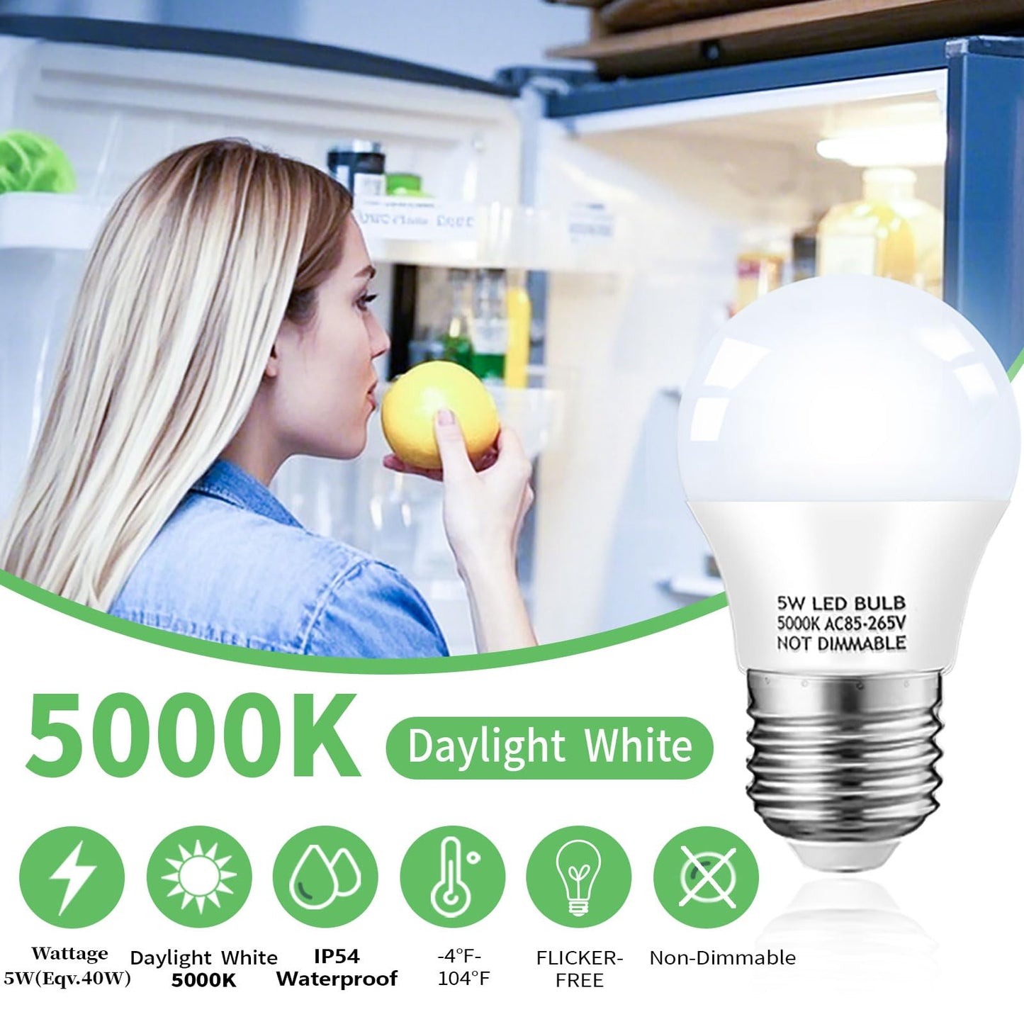 KQHBEN Refrigerator Light Bulb, 40W Equivalent, 5W Daylight White 5000K E26 Base Non-Dimmable, Waterproof LED A15 Appliance Bulb for Fridge Freezer Home Lighting, 2-Pack