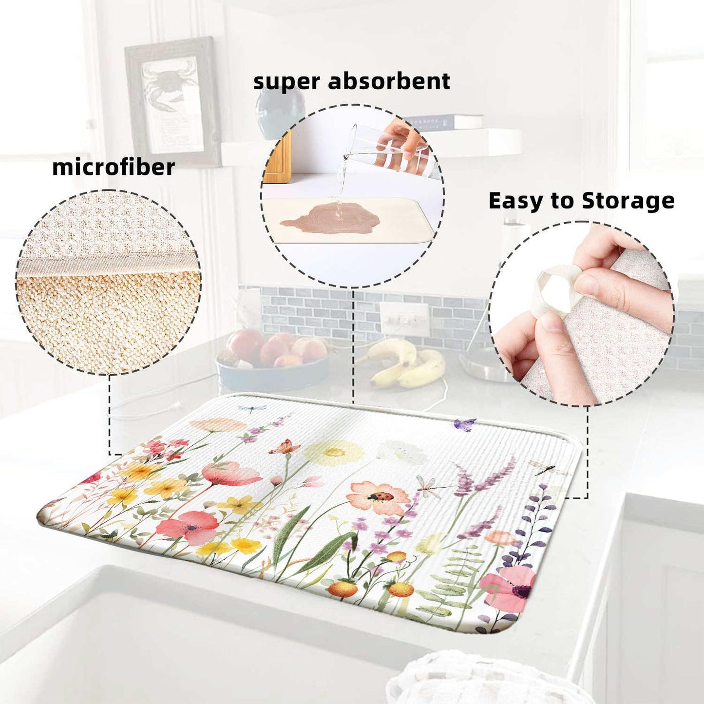 Floral Spring Small Dish Drying Mat for Kitchen Counter 16''x18''Microfiber Absorbent - Foldable, Quick-Dry, Non-Slip, Compact Kitchen Drying Pad for Dishes, Countertops, and Cookware