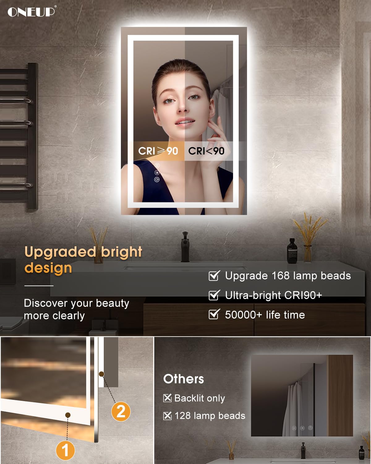 oneup 16x24''Small Bathroom Mirror with Lights,Front Lighted Bathroom Mirror for Wall,Stepless Dimmable,Anti-Fog,Modern LED Vanity Mirror,Memory,Touch Botton