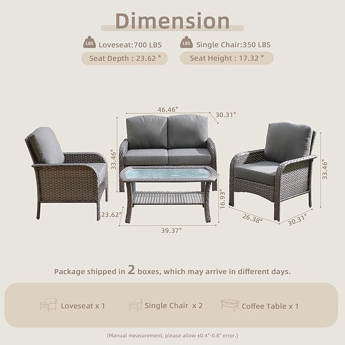 CAODOC 4-Piece Wicker Patio Furniture Set, All-Weather Rattan Conversation Bistro Loveseat Chair and Table Set for Backyard, Balcony and Deck with Soft Cushions and Metal Table(Dark Gray)