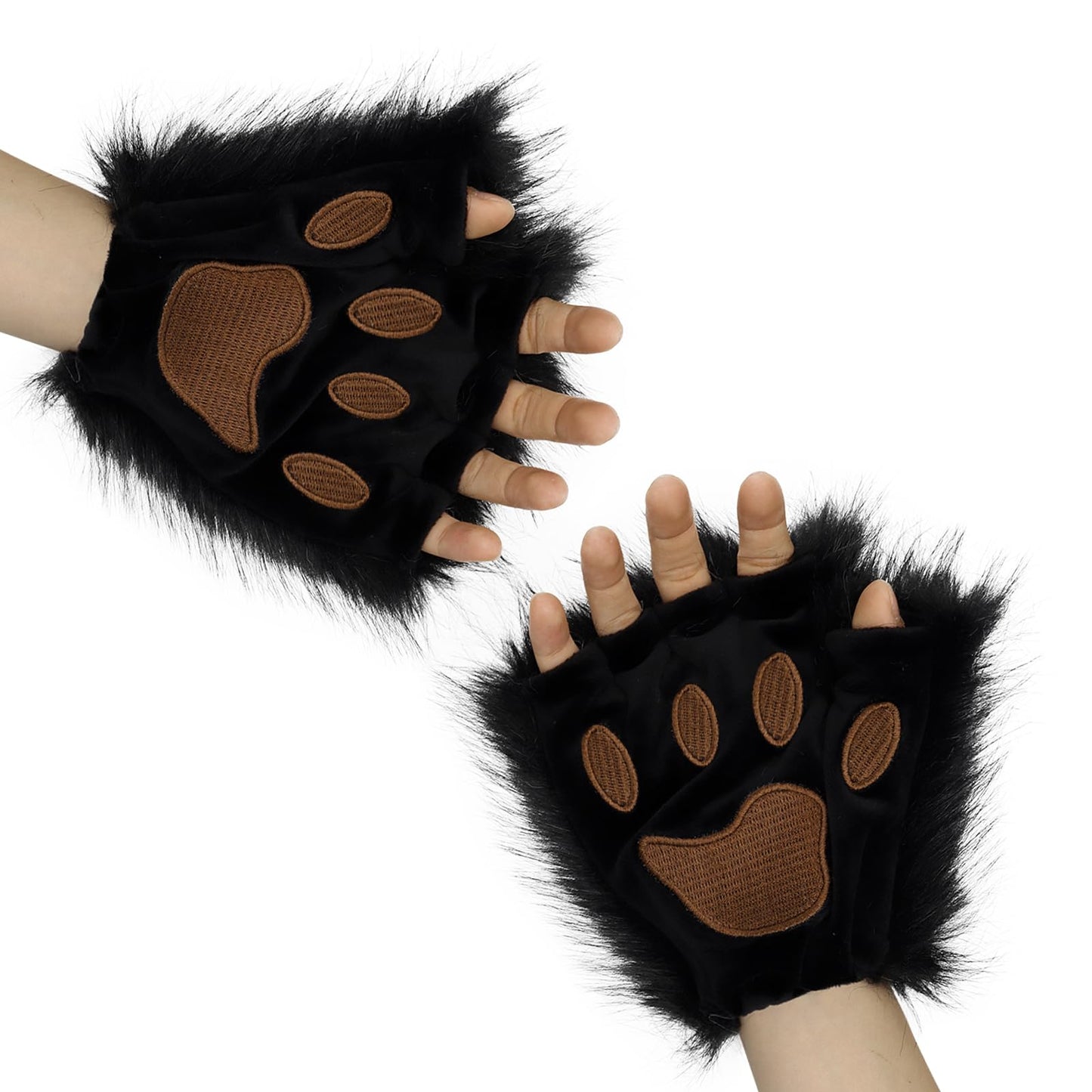 HAOAN Faux Fur Half Face Mask Paw Gloves Wolf Fox Tail and Leather Necklace Set Costume for Halloween Cosplay Party Black
