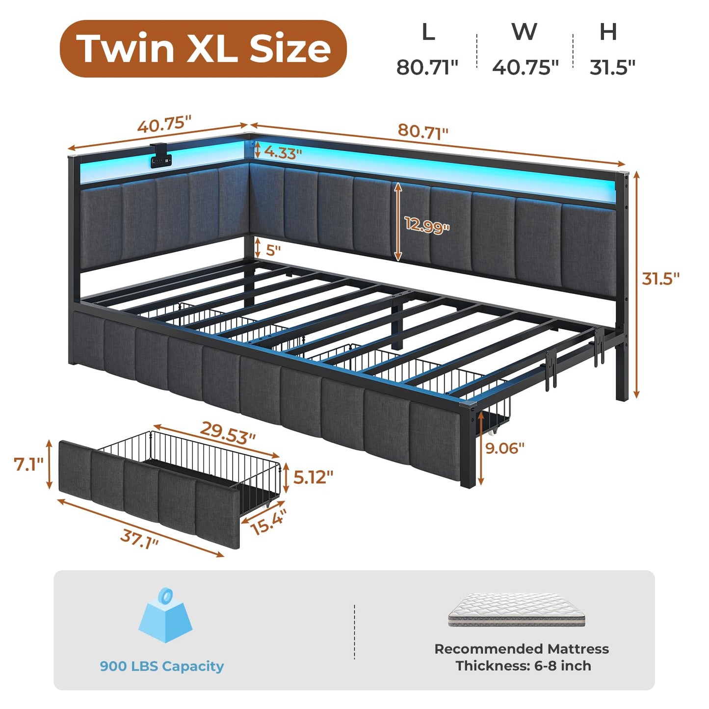 DICTAC Twin XL Bed Frame with 2 Storage Drawers and Charging Station Twin XL Size Platform Corner Bed Frame with Led Lights and Upholstered Guardrail Daybed for Living Room,Bedroom and Guest Room,Gray