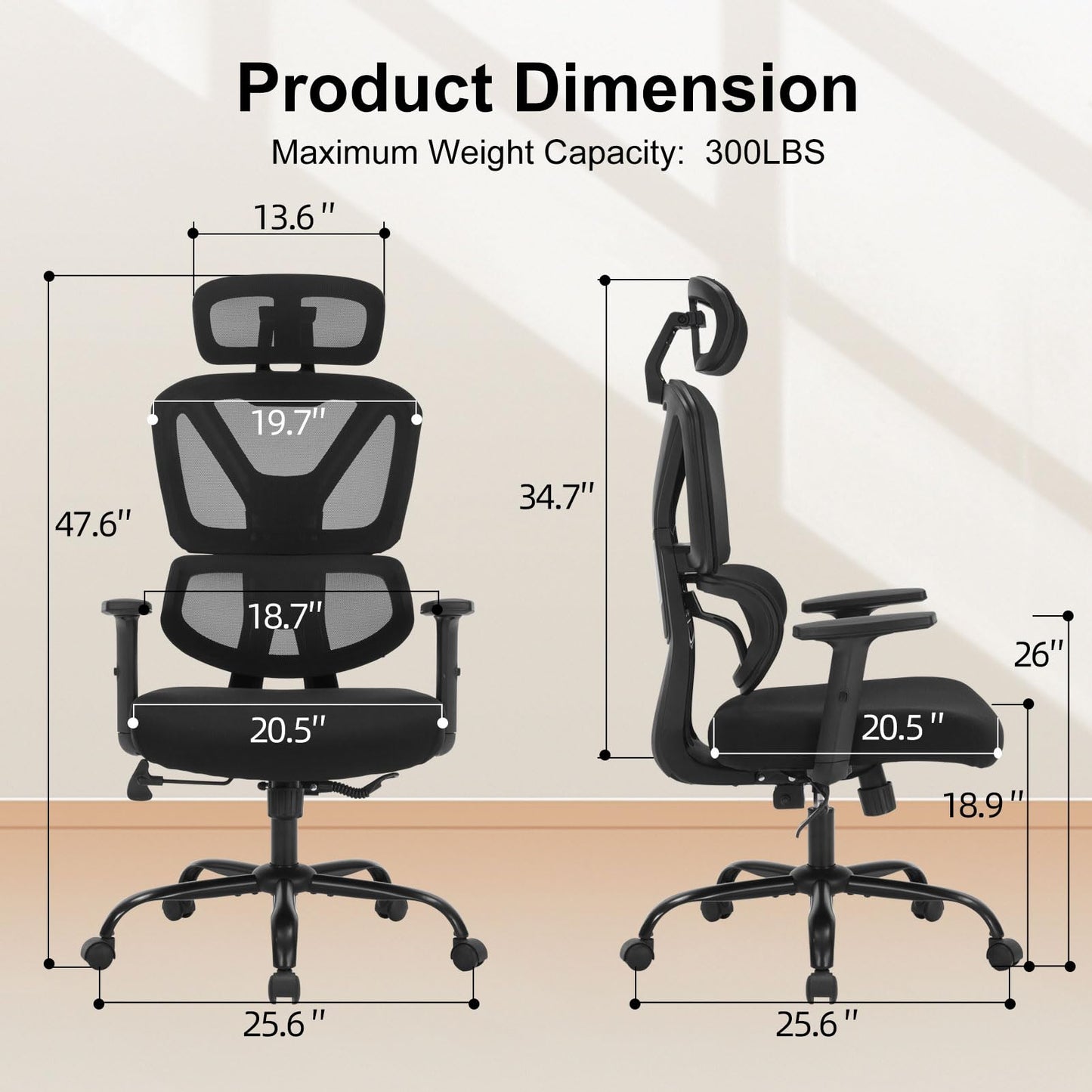 Executive Office Chair, Ergonomic High Back Mesh Desk Chair with Adjustable Height & Armrests, Lumbar Support Swivel Task Chair, 350LBS Executive Computer Chair for Home Office Study Meeting