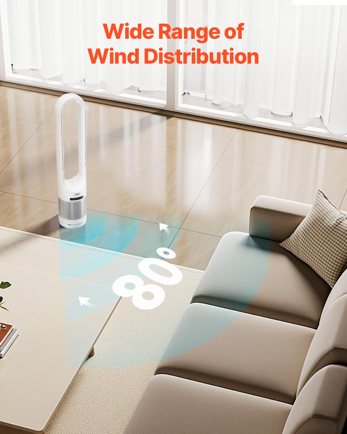 Vevor Tower Fan Bladeless, 15.4Ft/S Velocity Floor Fan That Blows Cold Air, 80 Oscillating 8-Speed Fans, 8H Timer, Standing Fans