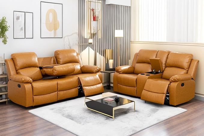 A Ainehome Recliner Sofa Set Living Room Manual Reclining Sofa Bonded Leather Loveseat Chair Sectional Couch for Living Room/Home (A-Ginger Leather, Sofa+Loveseat)