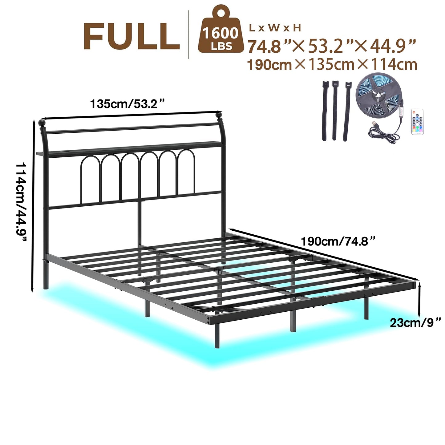 VERFARM Floating Double Bed Frame with USB Charging Station, LED Bed Frame with Wood Storage Headboard, Metal Platform Bed Frame Full Size, No Box Spring Needed, Steel Slat Support, Easy to Assemble