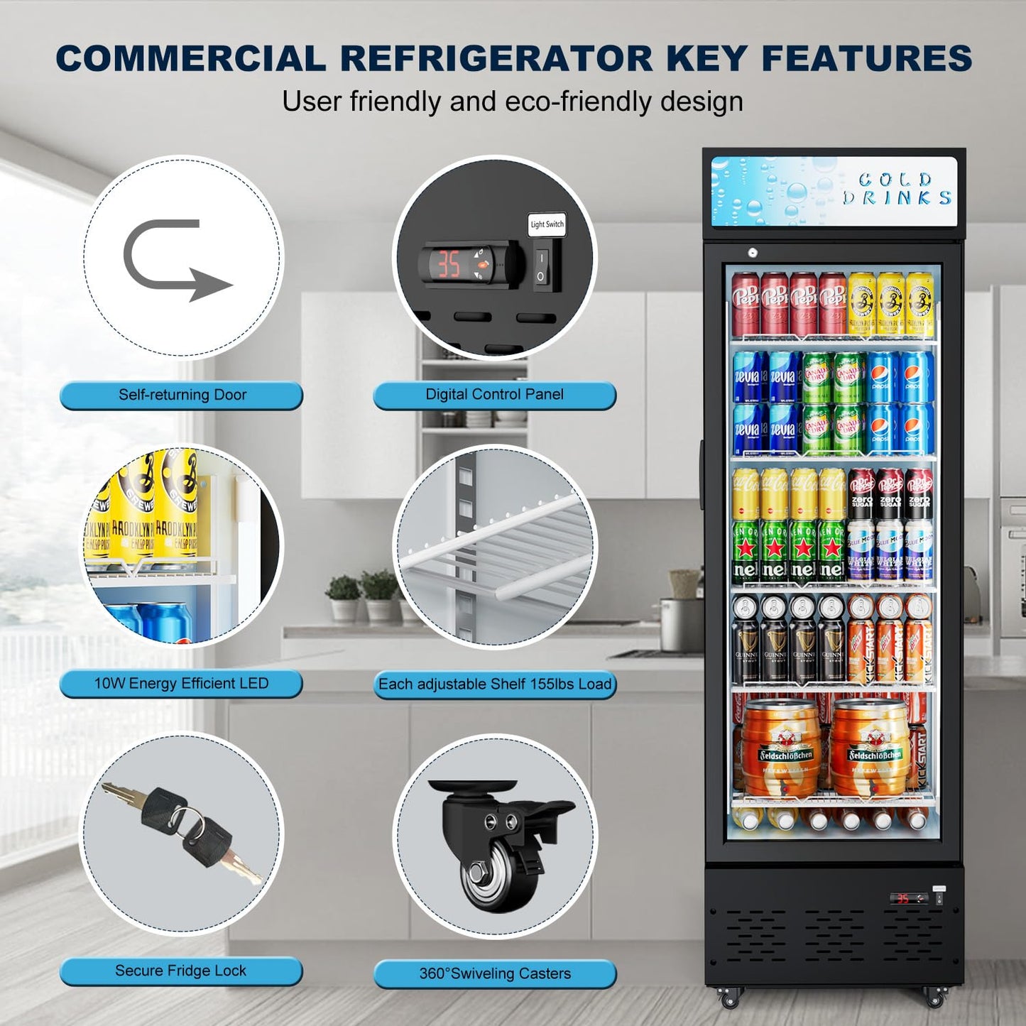 ECEVT 11 Cu.ft. Commercial Refrigerators Glass Door Beverage Refrigerators Commercial Fridge Upright Display Cooler with Soft LED Light and Adjustable Shelves for Restaurant Grocery Stores Home