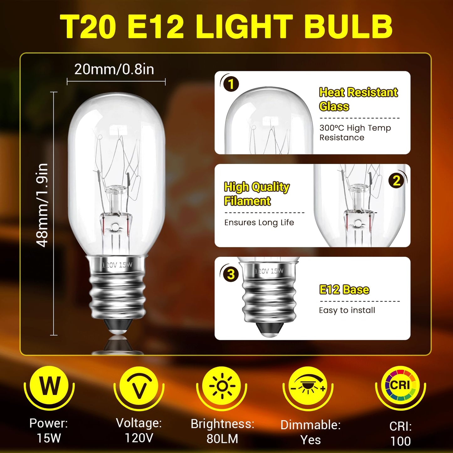Blakapoo E12 T20 Salt Lamp Bulbs 15W 120V Original Salt Lamp E12 Base Replacement Himalayan Salt Lamps,Salt Lamps Baskets,Plug-in Wax Warmers,Night Lights (Pack of 2)