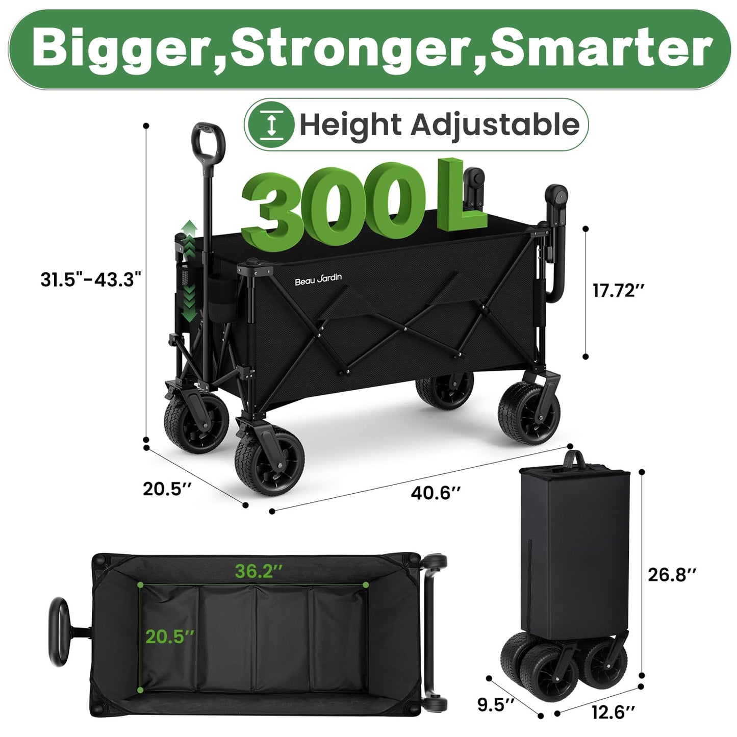 BEAU JARDIN Folding Push & Pull Beach Wagon 500 lbs Collapsible Foldable Wagons with Push Handle All Terrain Wheels Grocery Utility Camping Sports Garden Wagon Cart Black