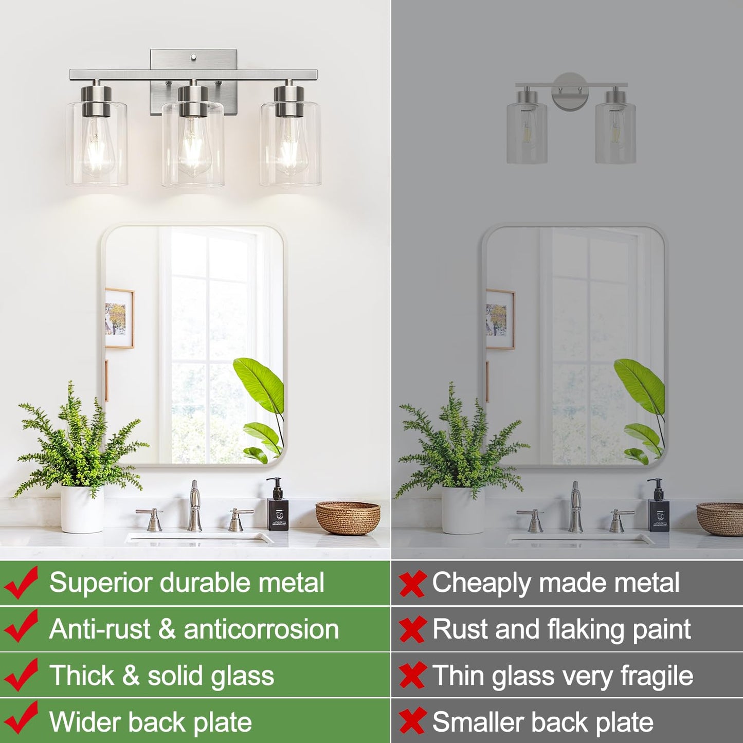 Meybiok 3-Light Bathroom Light Fixtures, Brushed Nickel Vanity Lights, Bathroom Lighting with Clear Glass Shade, Vanity Lighting fixtures for Mirror Kitchen Bedroom Hallway Living Room