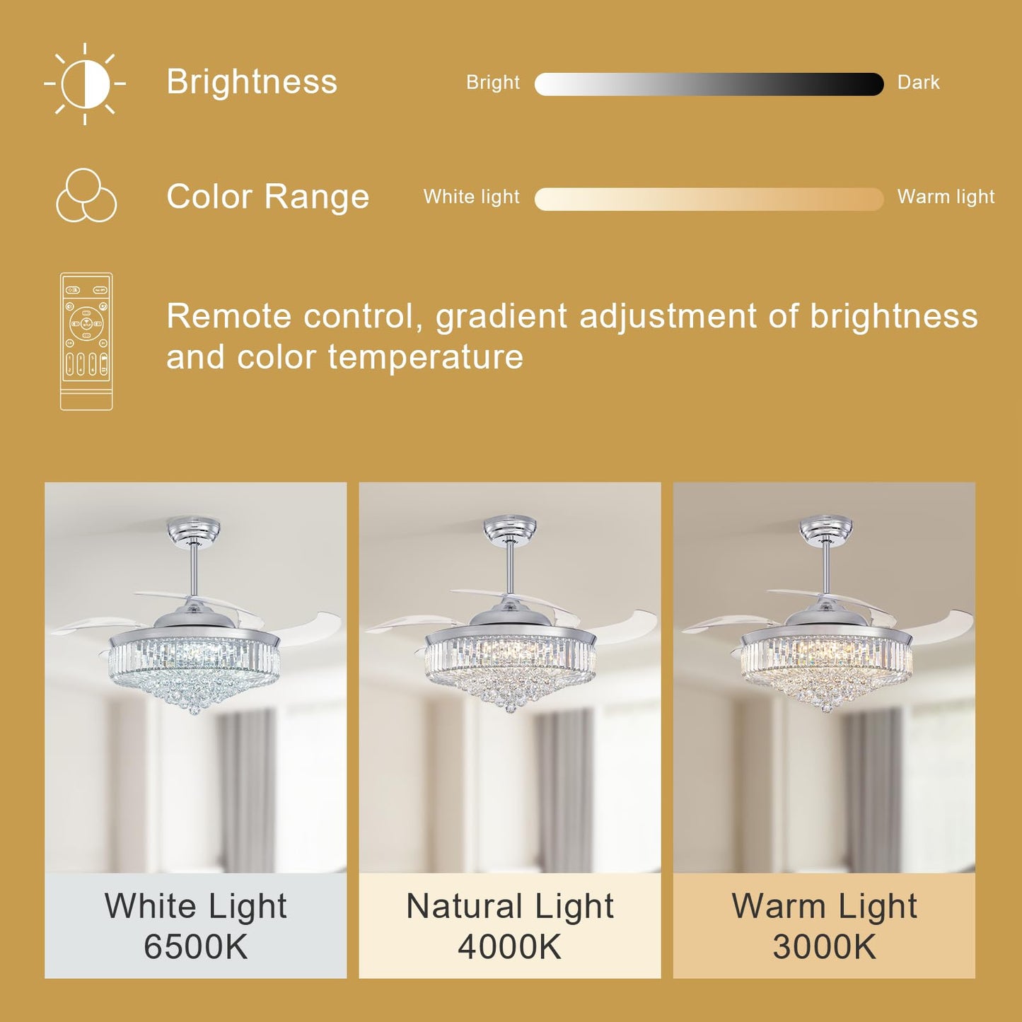 MOOONICHE 52 Inch Fandelier Ceiling Fan with Lights and Remote, Dimmable Crystal Chandelier Fan, LED Crystal Fan Light Kit for Dining Room Bedroom-Chrome