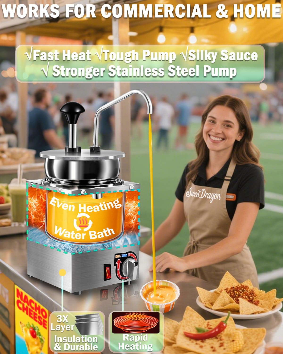 Nacho Cheese Dispenser, 4.6 Qt Nacho Cheese Warmer with Stainless Steel Pump, Hot Fudge Warmer with 6-Level Temperature Adjustment, Commercial Sauce Dispenser Machine for Butter Cheese Caramel Syrup