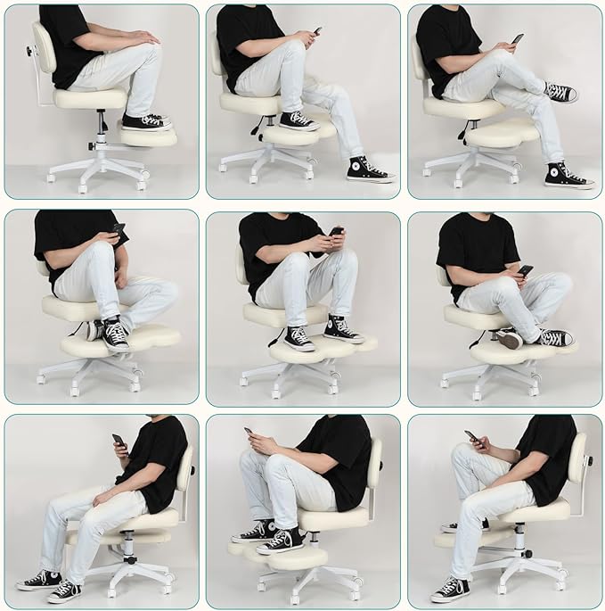 Qmetalart Cross Legged Office Chair,ADHD Friendly,Comfortable Meditation Criss Cross Chair with Wheels,Kneeling Chair for Home,Office,Adults,Teenagers,Fidgety Sitters,Posture Improvement,Cream White