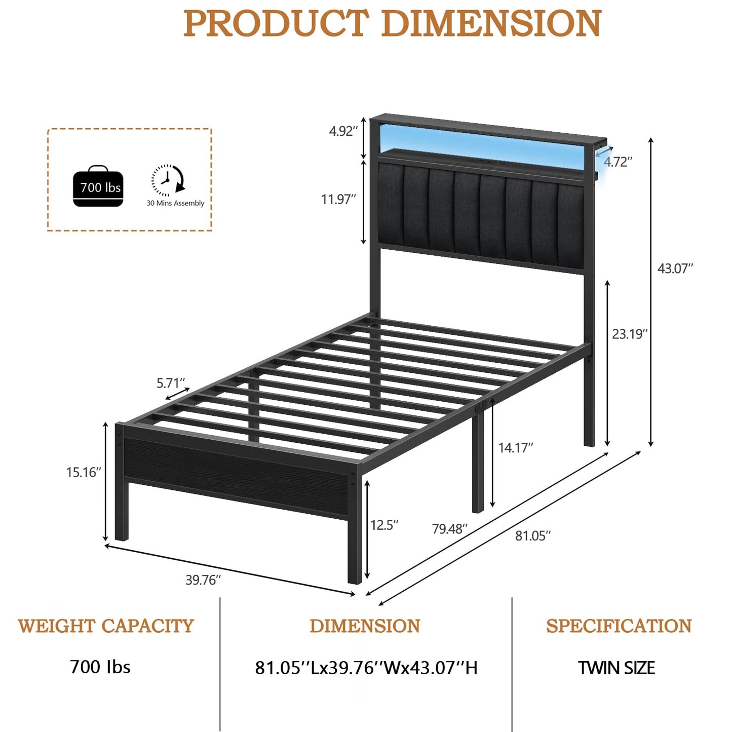 Furnulem Twin Size Bed Frame with Charging Station and LED Lights, Platform Bed with Metal Slats, Grey Upholstered Headboard with 2-Tier Storage Shelves, No Box Spring Needed