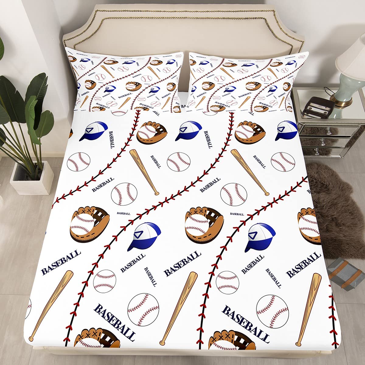 Sports Baseball Bed Sheet Set Baseball Bat and Gloves Hat Decor Bedding Sheets for Kids Boys Fun Sports Bedding Fitted Sheet Ball Competition Games Bed Cover Room 4Pcs Full Size