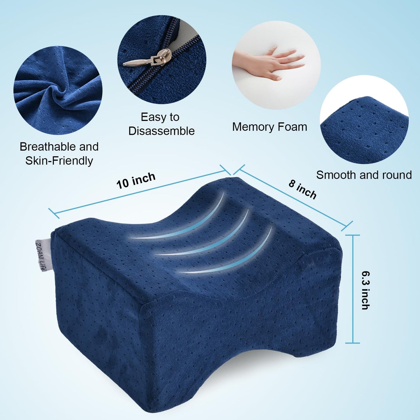 Knee Pillow Case 10" x 8" x 6.3", Replacement Leg Pillow Case, Knee Pillow Cover with Zipper Apply to Memory Foam Knee Pillow from ZOAN Blue