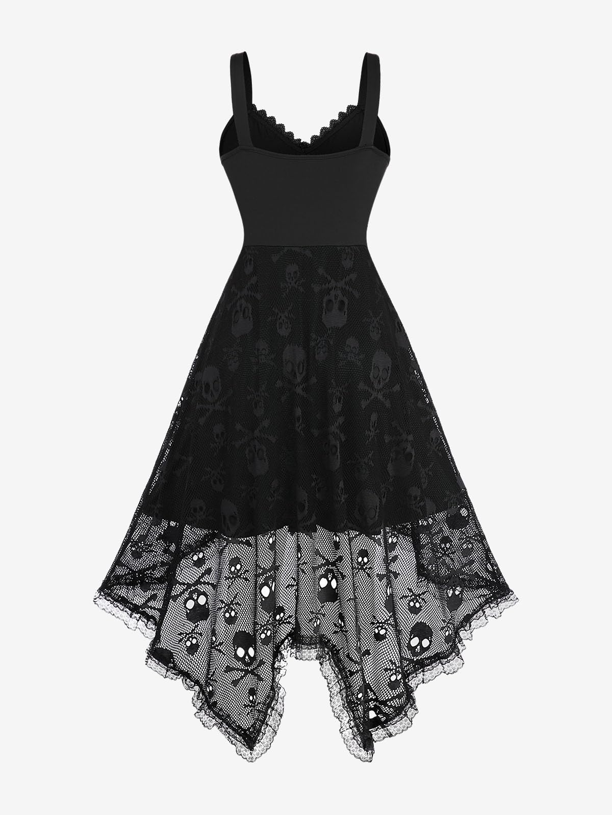 Rosegal Women Plus Size Gothic Lace-up PU Cross Skulls Lace Panel Asymmetrical High Low Midi Dress Rivets Straps Punk Dress(Black_1/L)