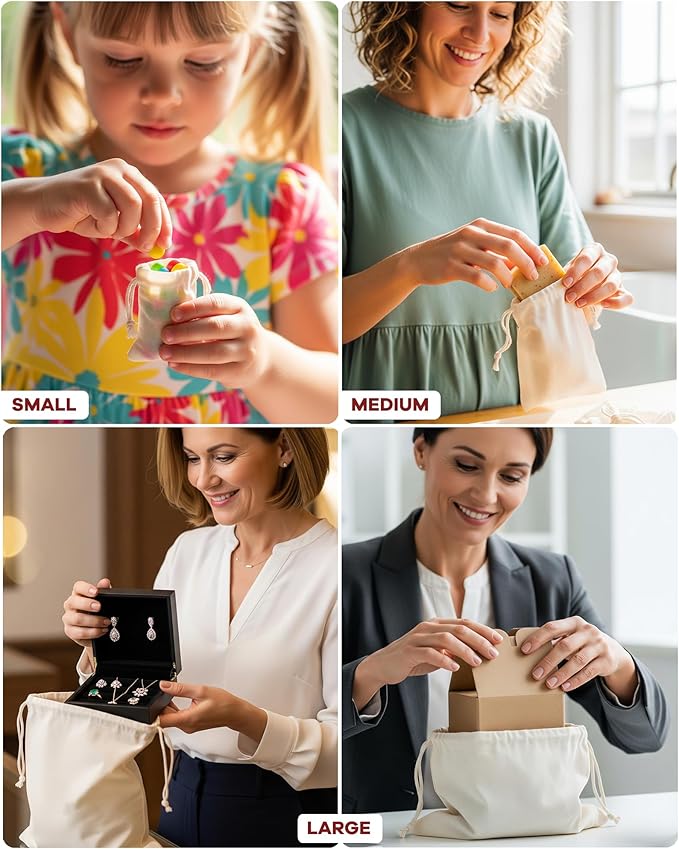 Celestial Gifts Muslin Bags - Drawstring Bags Small 25pcs - 3x5, Reusable Tea Bags, Jewelry Gift, Spice and Cotton Gift Sachet Bags - 100% Cotton - Made in USA - (Natural Hem & Drawstring)
