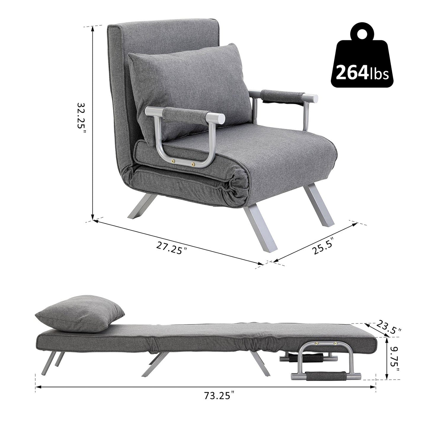 HOMCOM Single Person Folding 5 Position Convertible Sofa Bed Sleeper Chair Chaise Lounge Couch w/Pillow & Steel Frame for Home Office, Light Grey