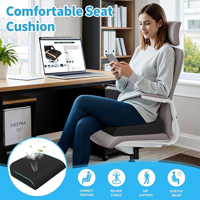 TranquilRelax Large Seat Cushion,Soft Foam Cushion for Long Sitting Hours on Office Chair, Home & Car, Non-Slip Chair Pad for Relieving Back & Sciatica & Hip & Coccyx Pain (Black)