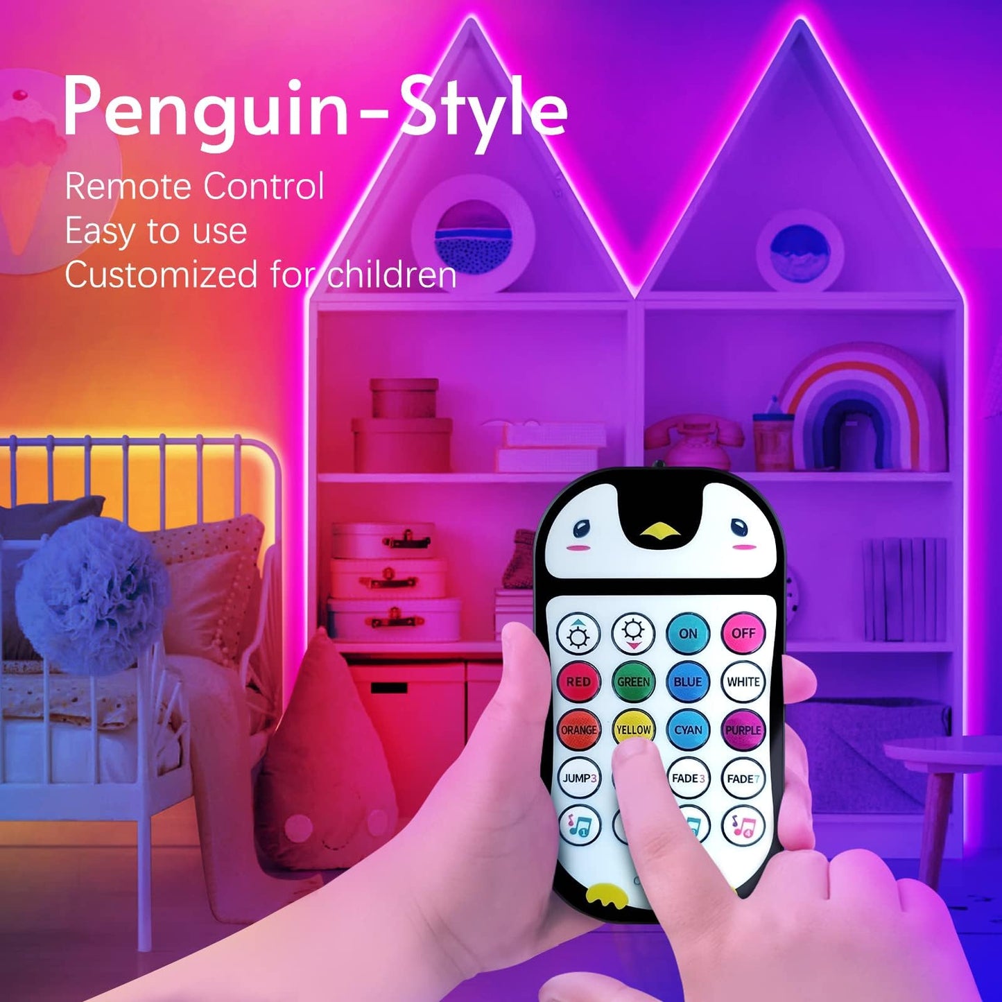 100ft Kids Bluetooth LED Strip Lights, Music Sync LED Light Strip RGB Color Changing Lighting with Penguin Style Remote, APP Control, Smart Lighting for Bedroom, TV, Room DIY (APP+Remote +Mic/50ftx2)