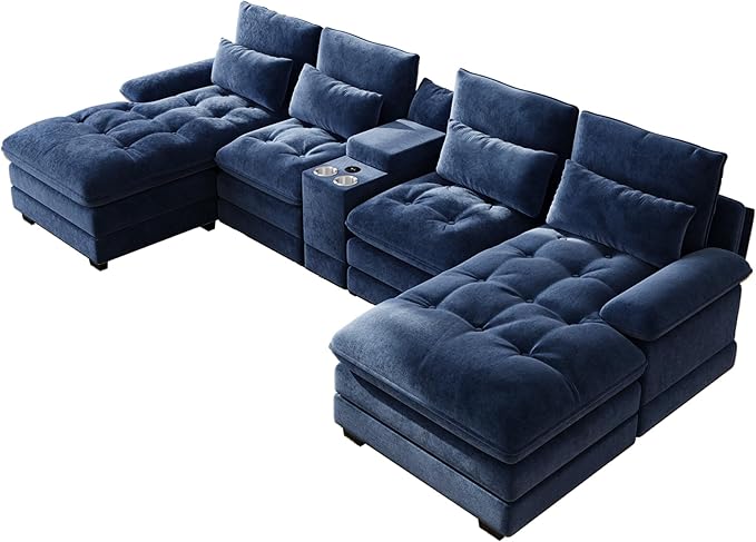 BEQAI 134"U Shaped Sectional Couches for Living Room,Oversized Modular Sectional Fluffy Couch with Chaise Lounge & Tufted Buttons,Modern Chenille 6 Seat Living Room Sofa Set with Storage Console, Blue