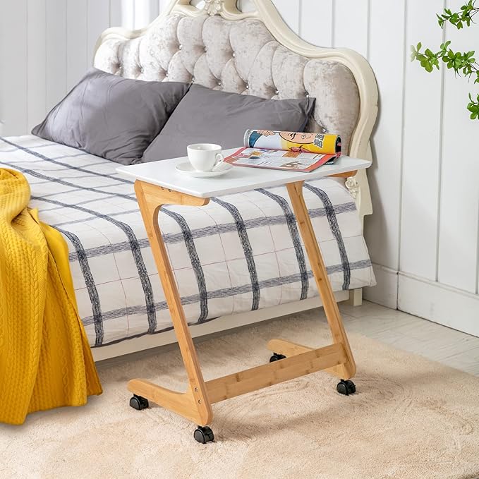 Nnewvante TV Tray, Sofa Side End Laptop Table with Wheels, Desk Snack Tray for Small Spaces Living Room and Bedroom, 23.5 Inch x 15.8 Inch (Standard with 360° Casters, Bamboo/White)
