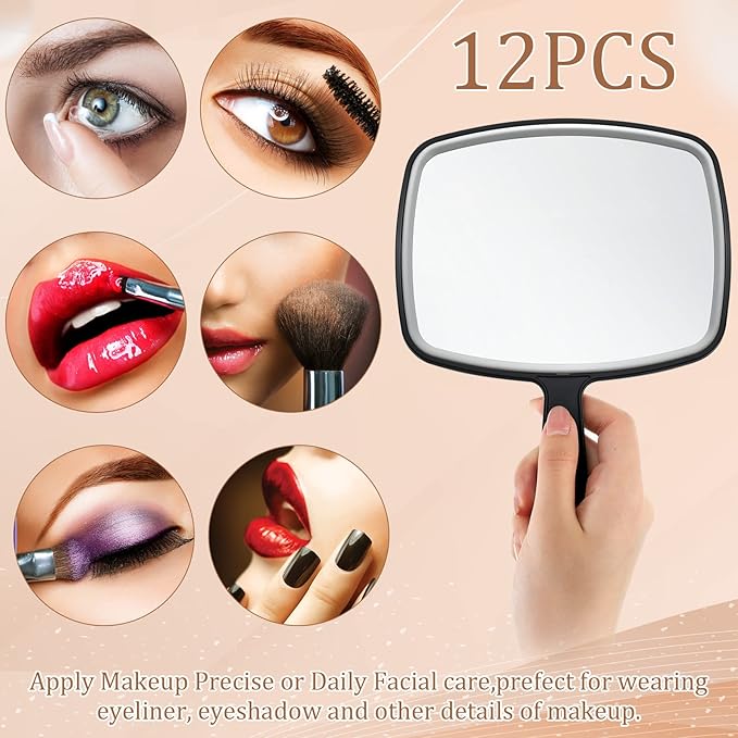 Geetery 12 Pcs Hand Held Mirrors with Handles Hand Makeup Mirrors Bulk Wall Mount for Women Cosmetic Bathroom Home Barber Salon Travel Portable Beauty School Gift, 6.69 x 9.45 Inch (Black)