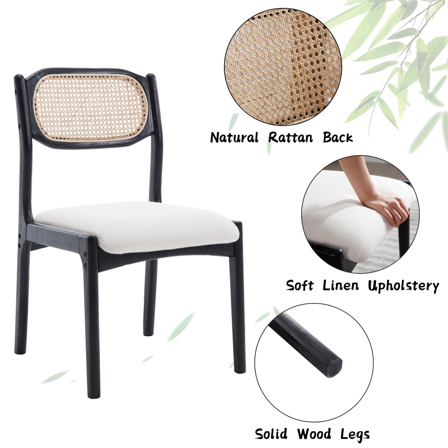 CIMOTA Mid Century Modern Dining Chairs Set of 4 Rattan Farmhouse Dining Room Chairs with Cane Back/Black Wood Frame Upholstered Linen Wooden Kitchen Chairs for Dining Room/Restaurant, Beige