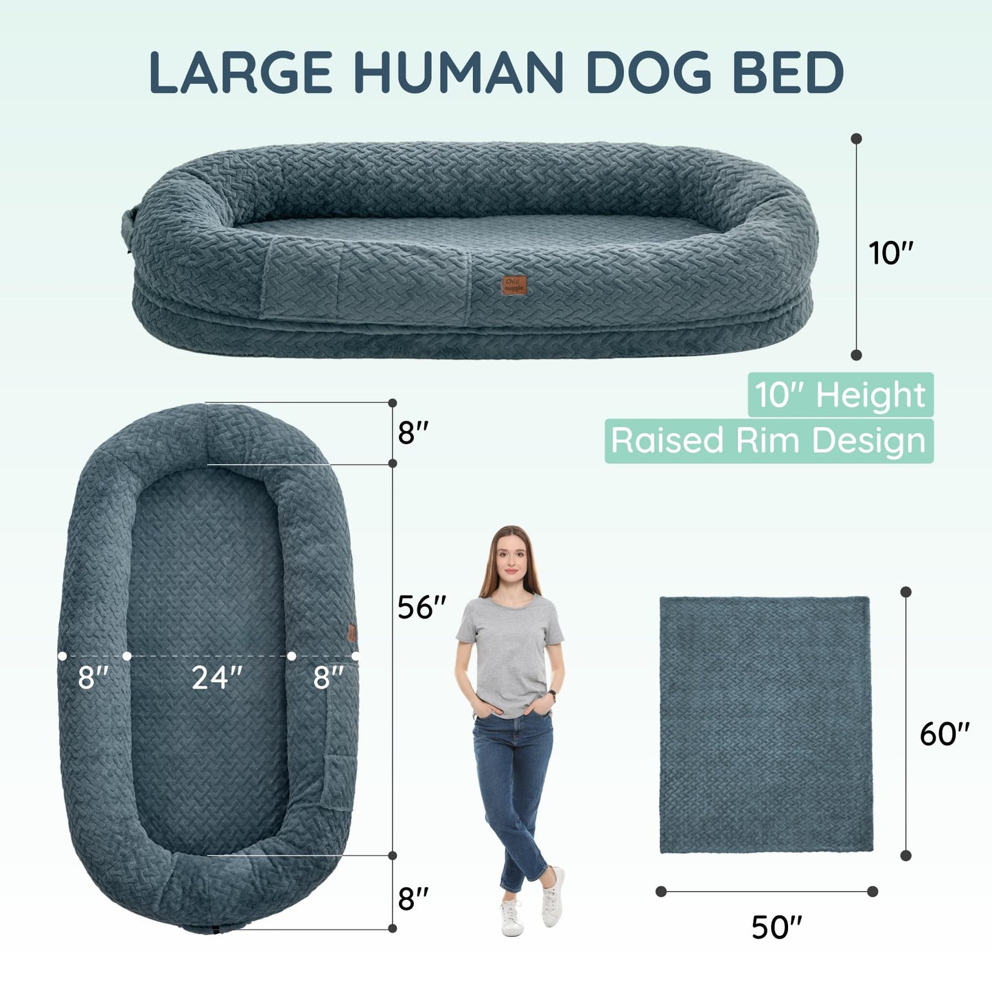 ChiXnuggle Human Dog Bed for Adult - Luxury Faux Fur Giant Size Dog Bed with Portable Handle, Egg Orthopedic Foam Bed with Blanket, 72"x40"x10", Grayish Blue