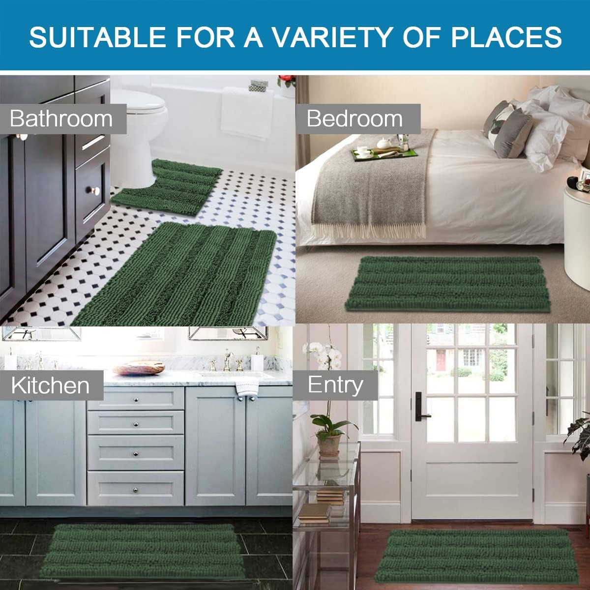 H.VERSAILTEX Bathroom Rugs Bath Rug Set 2 Piece Bathroom Contour Rug Toilet Mat Sets Non Slip Contour Bath Rug Ultra Thick Water Absorbent Striped Bath Mats(36" x 24" Plus 20" x 24" U, Bronze Green)