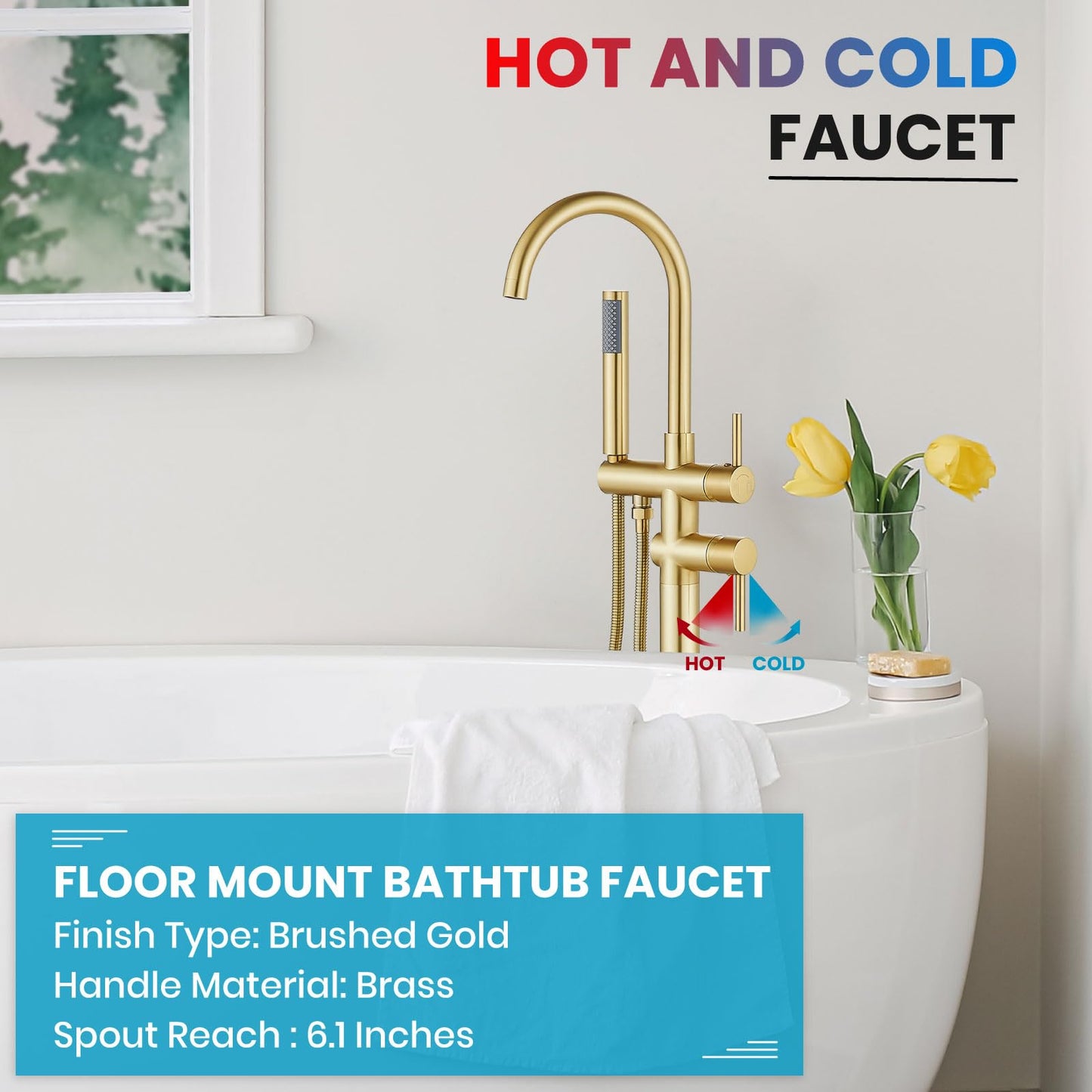 gotonovo Floor Mount Bathtub Faucet High Flow Freestanding Tub Filler Standing Shower Faucets with 360° Swivel Gooseneck Spout and Cylinder Handheld Spray, Brushed Gold