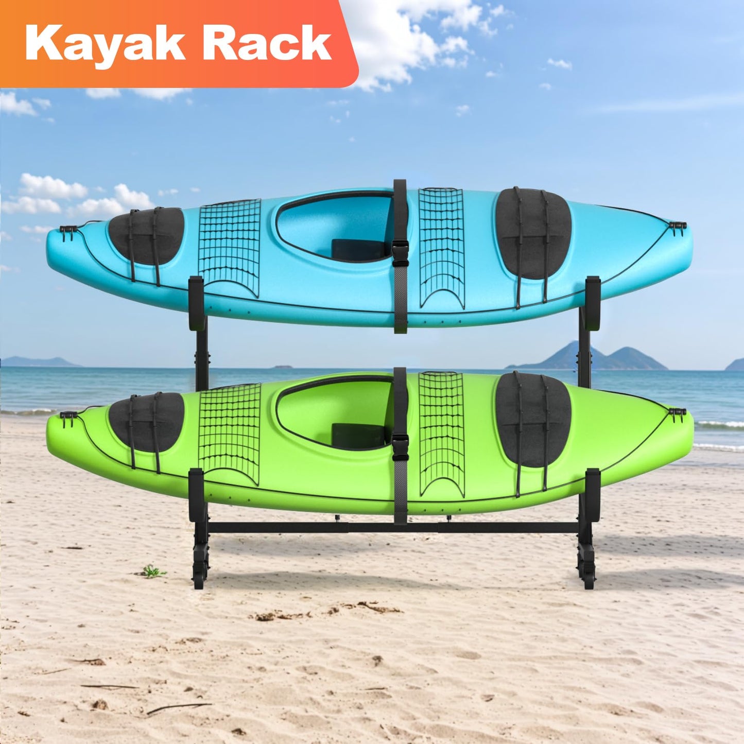 Kayak Storage Rack, Heavy Duty Steel Hanger for 4 Kayaks Stand, Canoe, SUP & Surfboard with Adjustable Width, Movable Wheels, Secure Straps, and Padded Arms for Indoor/Outdoor/Garage Storage