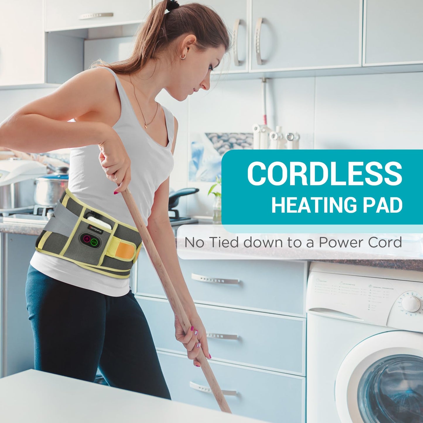 Comfytemp Cordless Heating Pad with Massager for Back, Portable Lower Back Massager FSA Eligible HSA Rechargeable Wireless Electric, Birthday Gifts for Women Men Mom Dad Seniors 30Auto-Off Grey Yellow