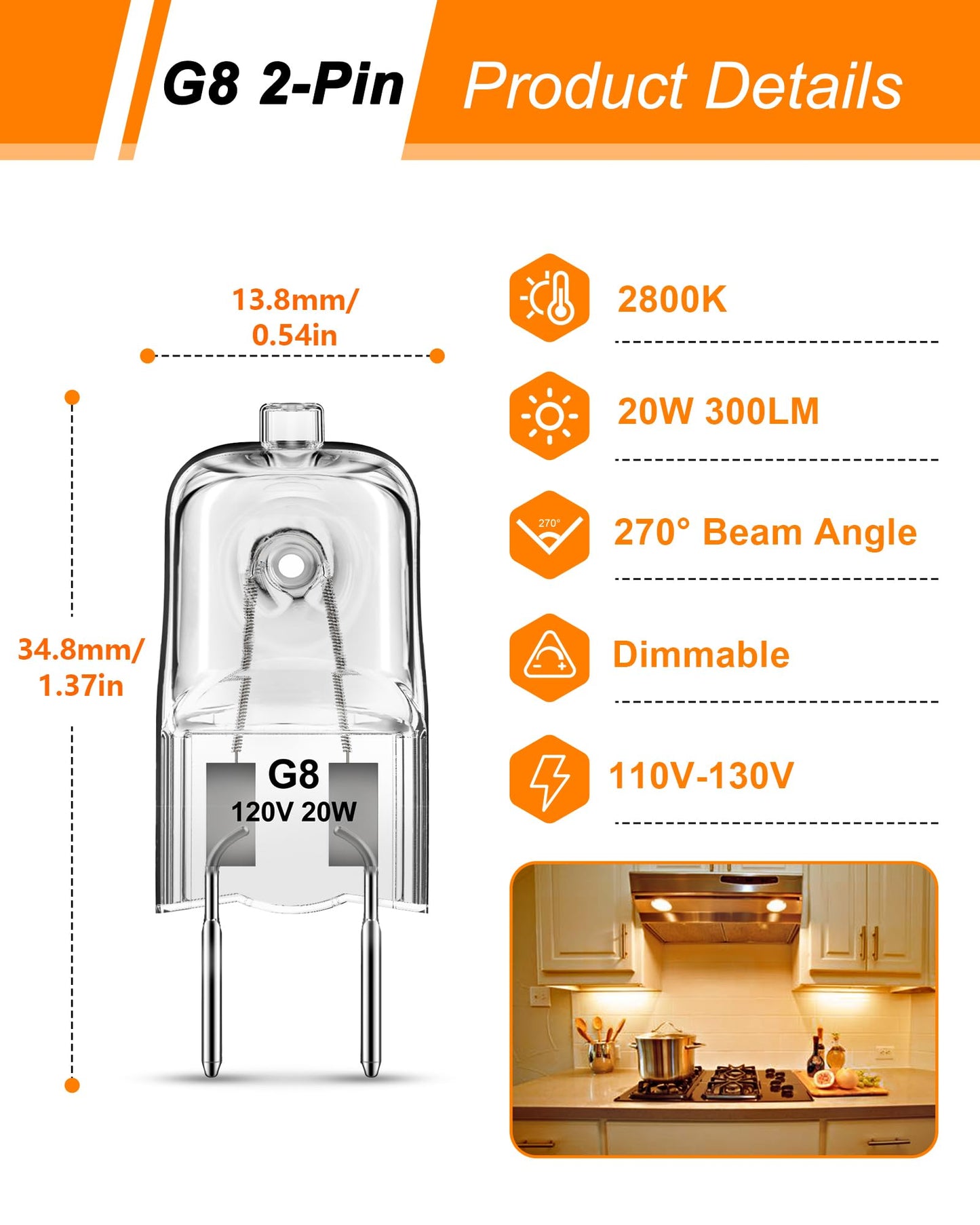Flaspar G8 Halogen Light Bulbs, 20W G8 Bi-Pin Base Halogen Bulb, 120V Dimmable T4 JCD Type for Microwave Hood Light Bulb, Warm White Under Cabinet Puck Lights Replacements, Xenon Bulb, 6 Pack