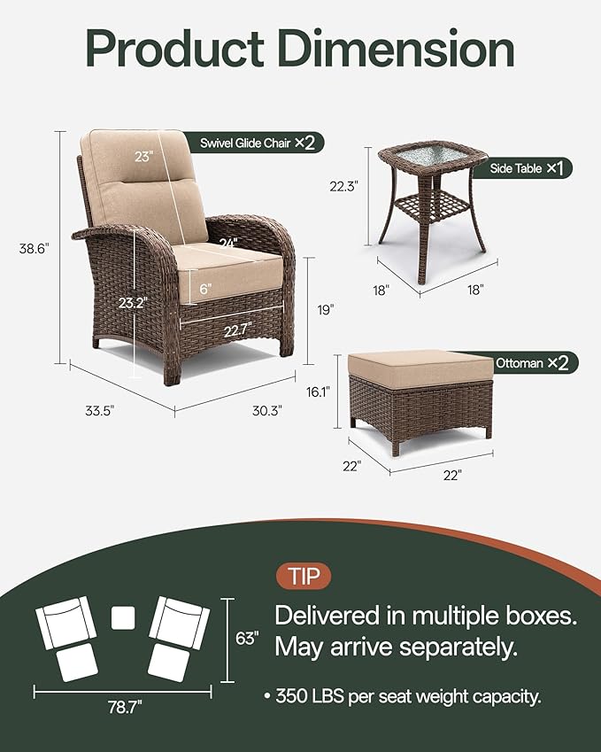 5-Piece Patio Furniture Set with 6-Inch Thick Cushions, High Back Outdoor Arm Chairs and Table, All-Weather Conversation Set for Porch, Deck, Balcony, Yard in Beige