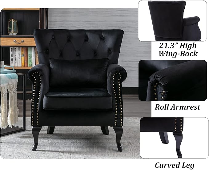 DM Furniture Mid Century Accent Chair Modern Button Tufted Armchair Club Chair Velvet Wingback Single Sofa Lounge Chair with Pillow for Living Room Bedroom, Black