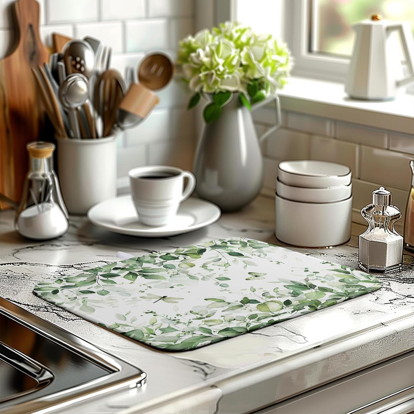 Sage Green Dish Drying Mat for Kitchen Counter Eucalyptus Leaves Plant Dishes Drying Mats Absorbent Microfiber Dish Drainer Mat Spring Summer Dish Drying Pad Medium Kitchen Accessories 16"x18"