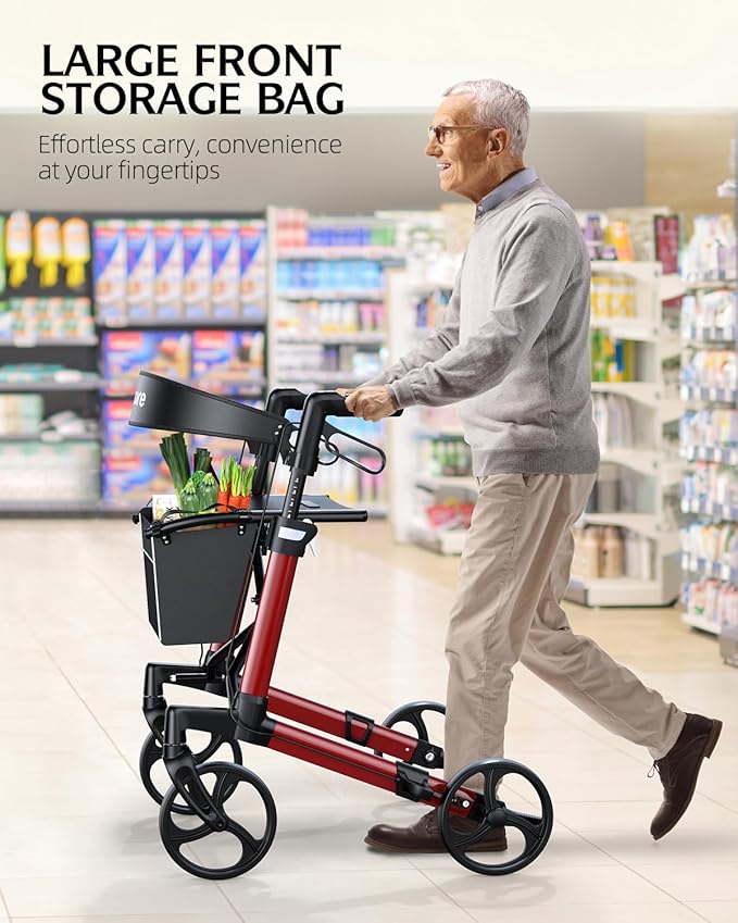WOTURE Rollator Walker with Seat, Lightweight Rolling Walker, Foldable Rollator Walker for Seniors, 8" Big Wheels for All Terrain, Dual Height Adjustment, Only 16 Ib, Red