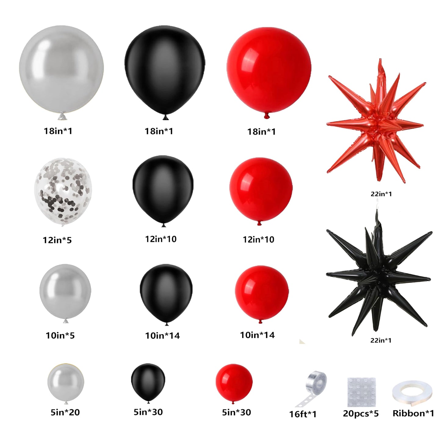 Red and Black Balloon Garland Arch Kit, 146pcs Red Black and Metallic Silver Balloons with Exploding Star Foil Balloons for Graduation Birthday Party Decorations