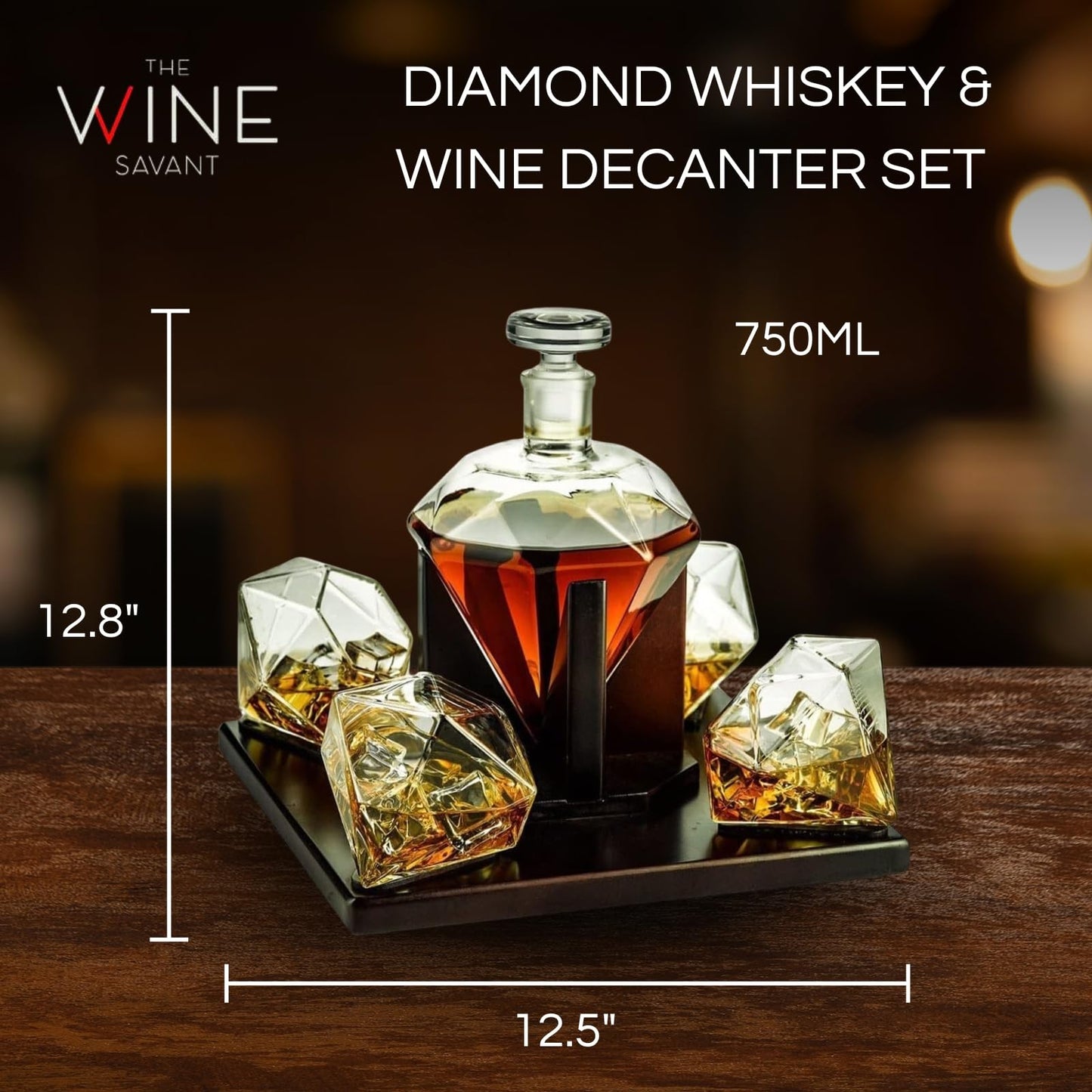 The Wine Savant Diamond Whiskey Decanter Set with 4 Glasses and Mahogany Base Borosilicate Glass Dispenser - 750ml Clear
