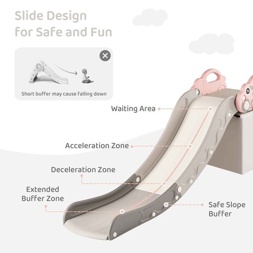 Indoor Kids Baby Couch Slide for Toddler 1-3, Sofa Slide Add-on Attachment for Bed Nugget Playgrounds, with Secure Base Guardrail, Gentle Slope Extended Buffer Zone, Fun Car Design, Pink