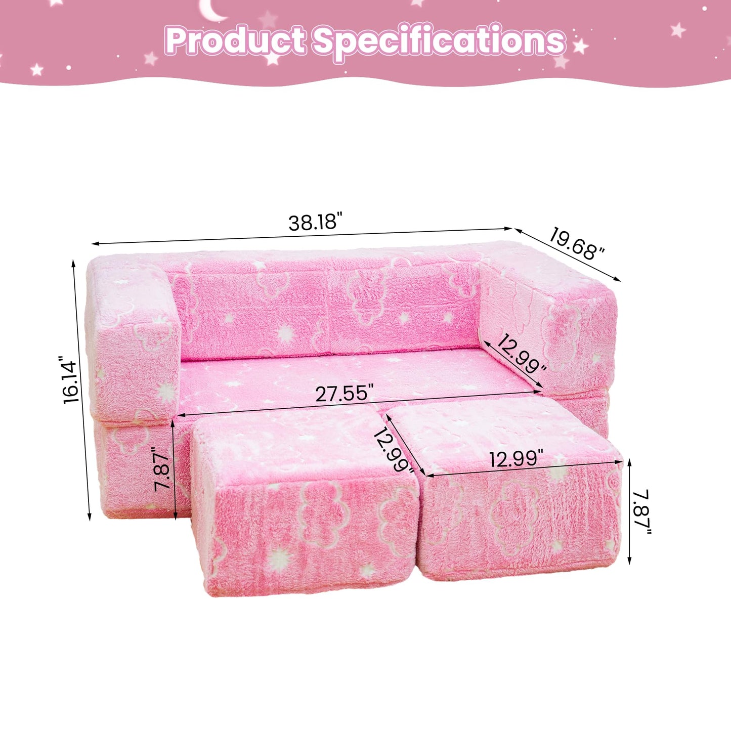 furlinkhm Toddler Couch, Glow in The Dark Kids Play Couch Toddler Fold Out Couch, Kids Fold Out Couch for playroom, Convertible Baby Fold Out Play Foam and Floor Cushion for Bedroom, Pink+Clouds