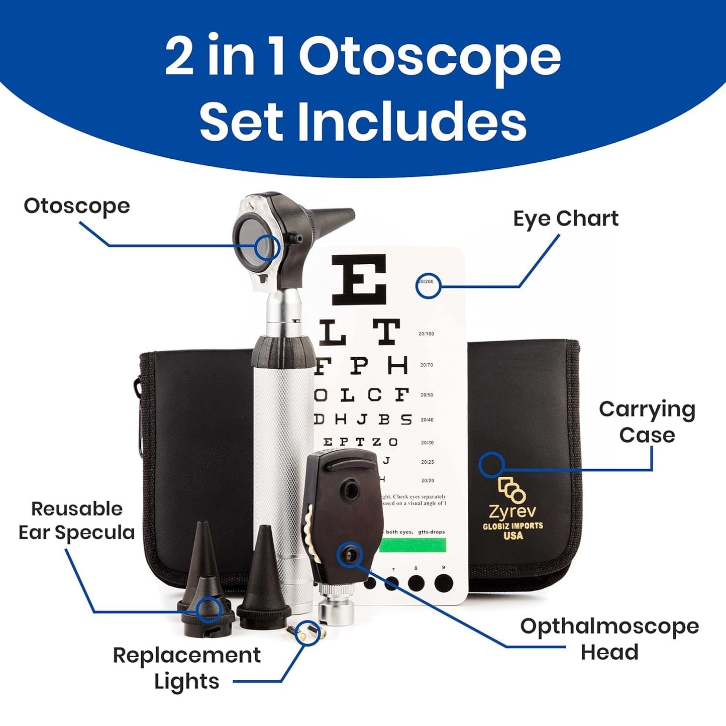 Zyrev 2 in 1 Otoscope Oph Set - Perfect for Nursing & Medical Students with Carry Case, Sight Chart & Replacement Ear Speculums