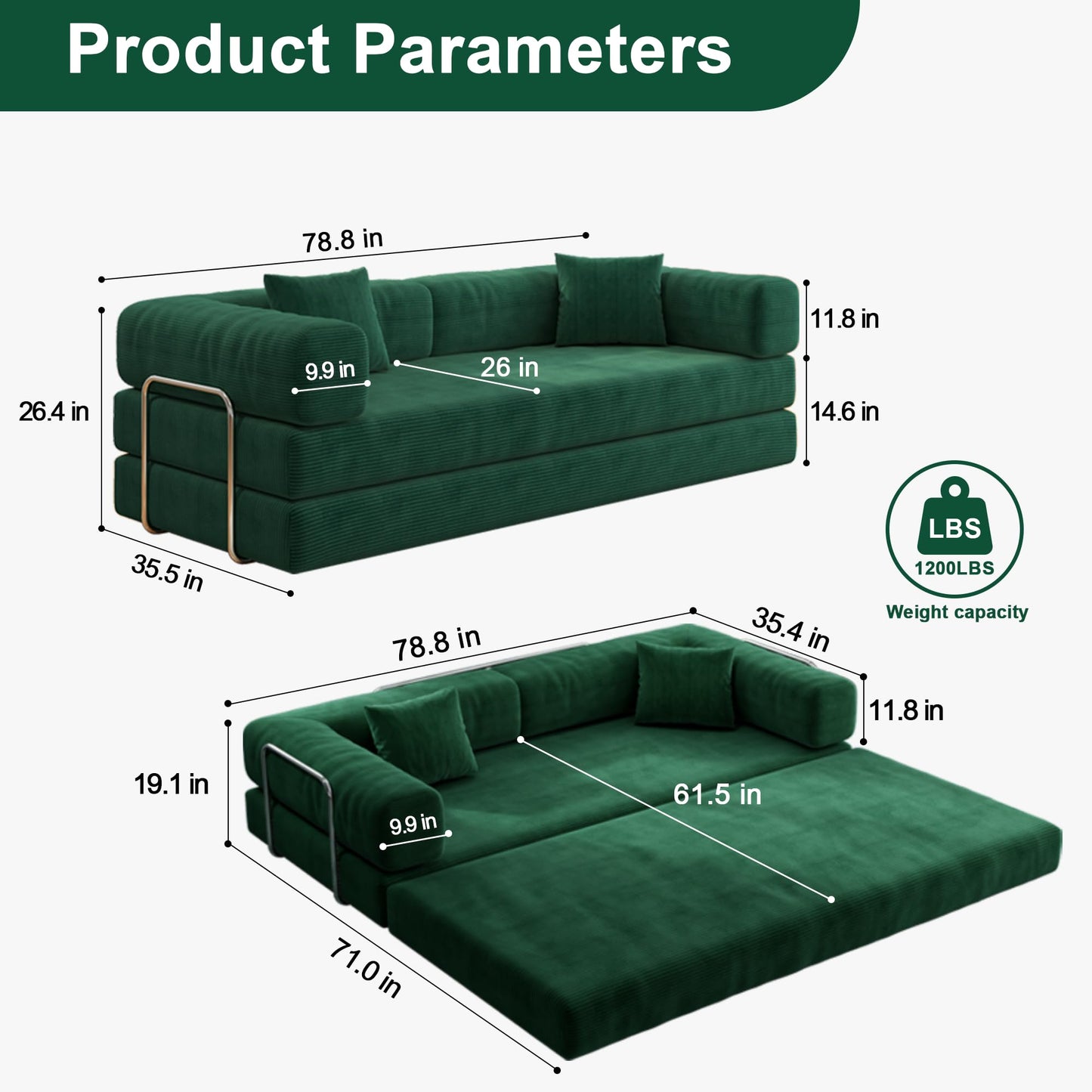 Carzzi-Life 79" Convertible Sofa Bed with Pillows, Corduroy Folding Sleeper Sofa with Fixed-Shape Frame, Boneless Couch for Living Room Bedroom, Floor Sofa Lounge No Assembly Required (Green)