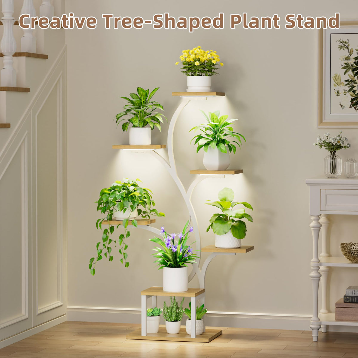 BACEKOLL Plant Stand Indoor with Grow Lights, 7 Tiered Plant Shelf Indoor, 49" Corner Plant Stands for Indoor Plants, Metal Plant Flower Display Shelves, Tree-Shaped Plant Rack for Home, Patio, White