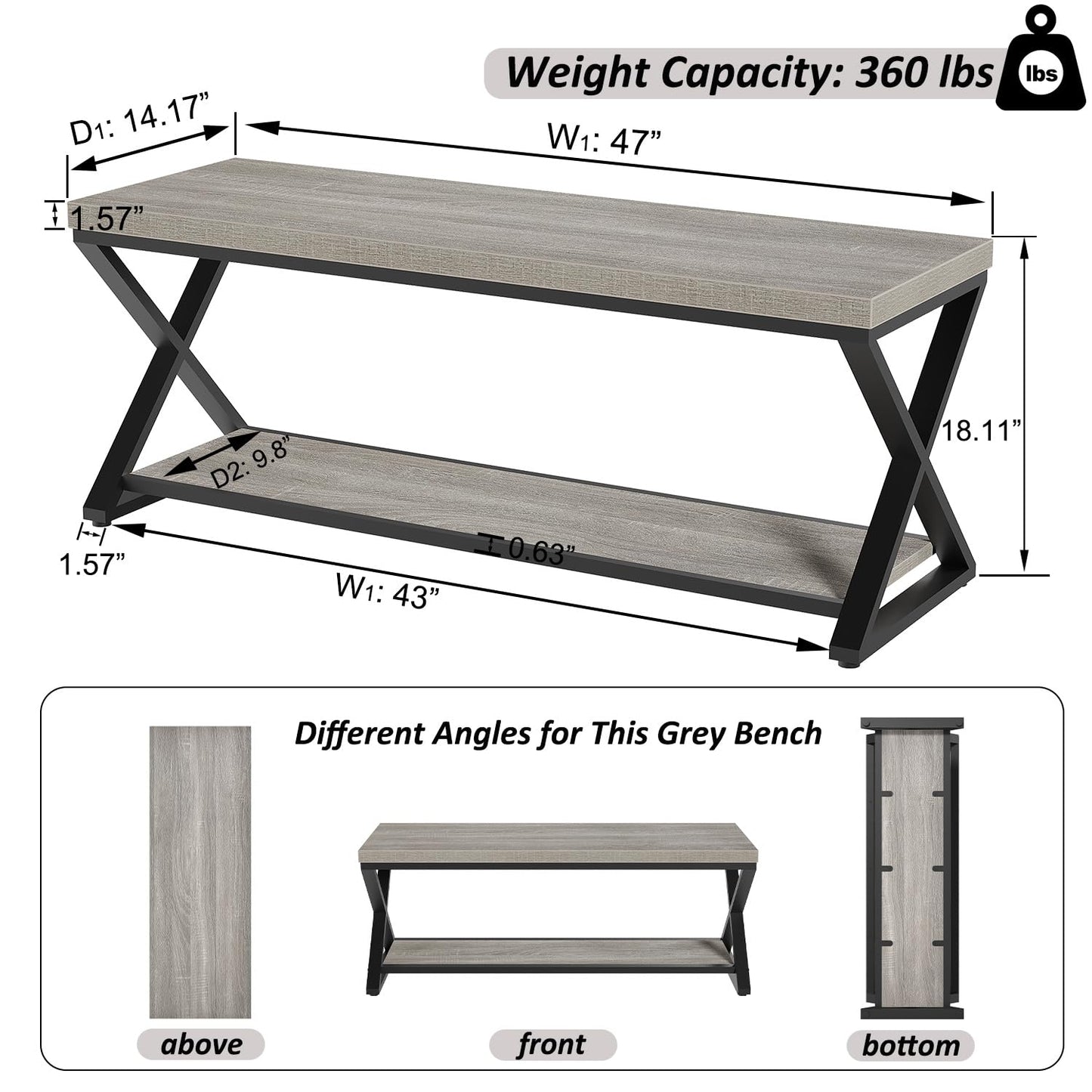 IBF Industrial Wood Entryway Bench, Indoor Farmhouse Hallway Accent Entry Bench for Seating Sitting with Storage, Metal Shoe Rack Grey Bench Organizer in Foyer Bedroom, Light Grey Oak, 47 Inch Long