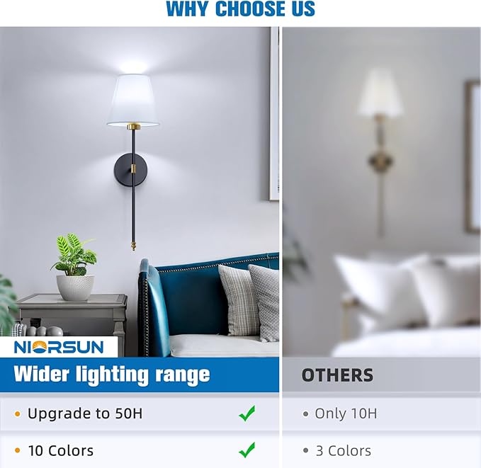 NIORSUN Battery Operated Wall Sconce Set of 2,Gold-Black Rechargeable Wall Lights with 5200mAh Dimmable Bulbs and Remote,9 Colors Wireless Wall Lamps for Bedroom Living Room Hallway Decor