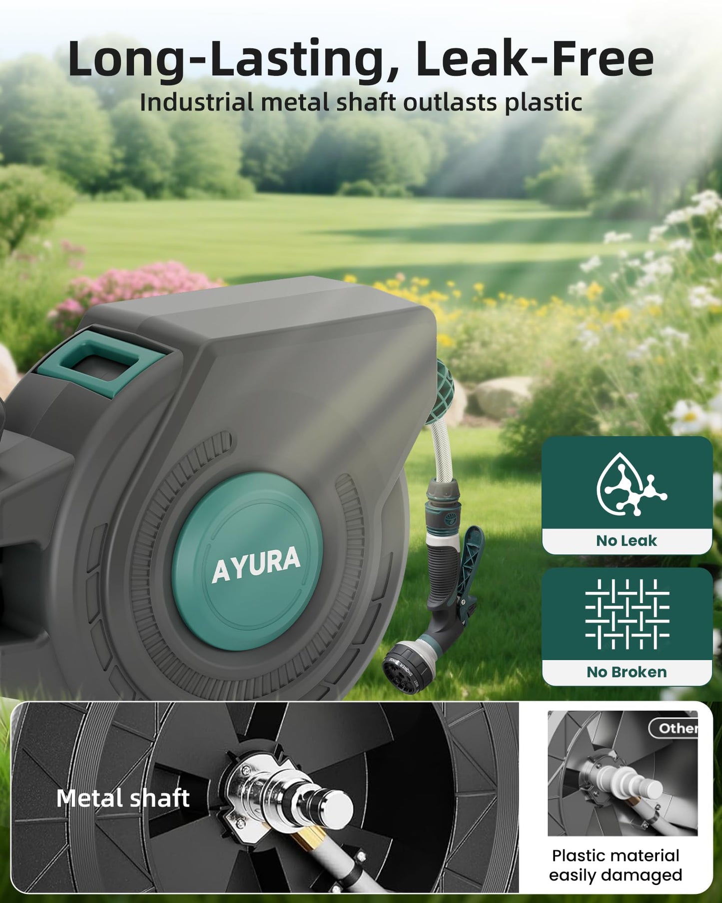 AYURA Retractable Garden Hose Reel 100 ft x 1/2 inch with Pro Metal Shaft, Heavy Duty Automatic Garden Hose Reels with Kink-Free Rewind and Lock at Any Length, Wall Mount Water Hose Reel for Outside